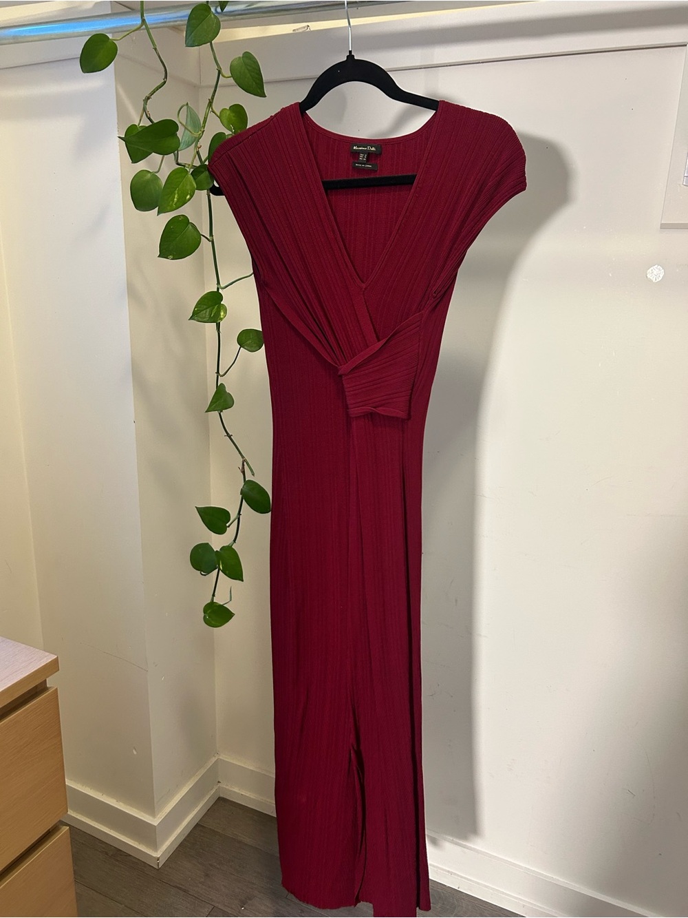 Massimo Dutti Burgundy Ribbed Wrap-Front Maxi Dress